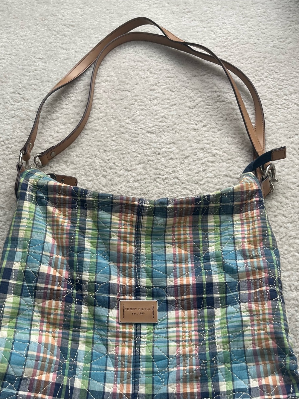 Tommy Hilfiger Quilted Plaid Shoulder Bag in Blue, Green, Tan